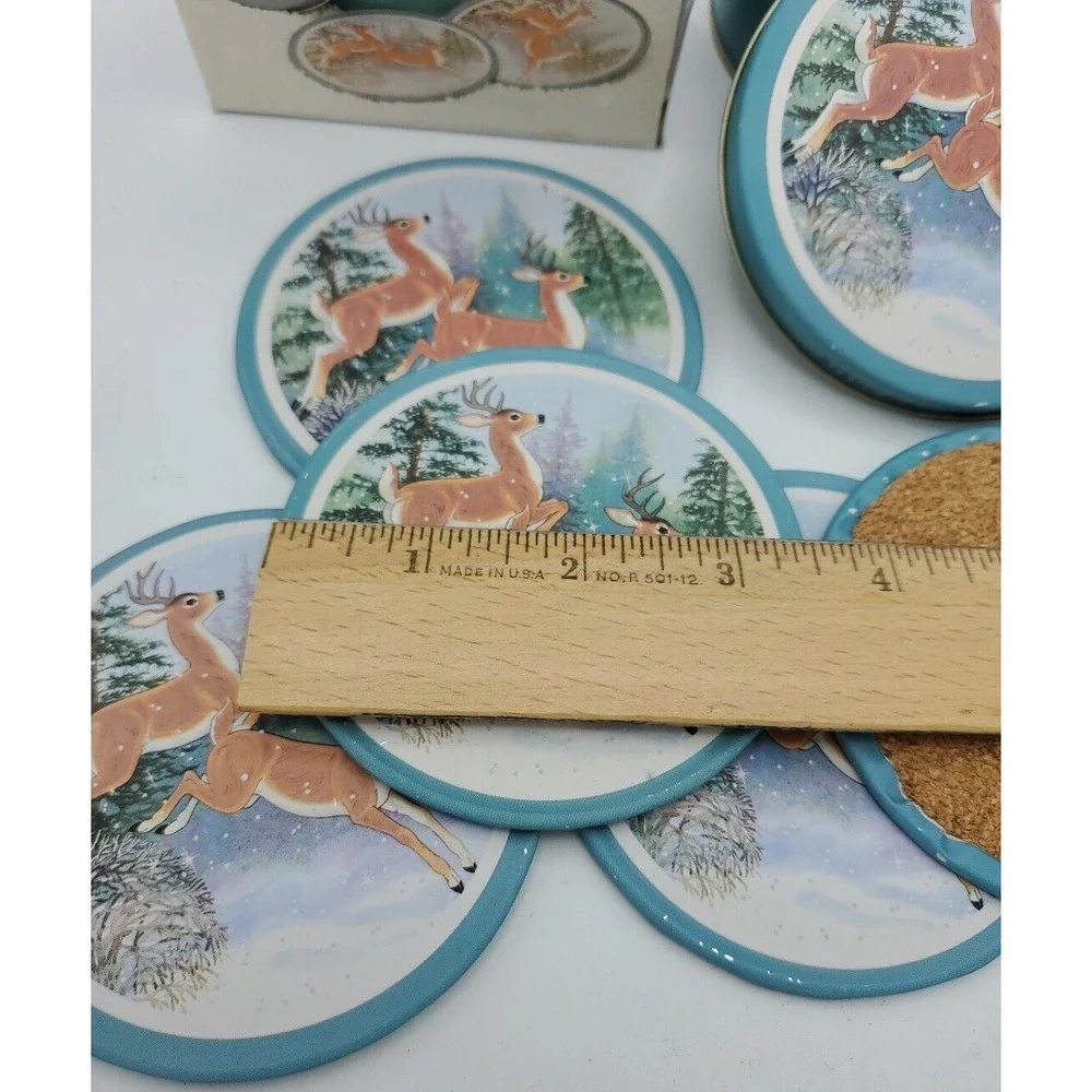 Vintage 1990 Winter‎ Deer Coaster Set With Tin Christmas Buck 6 Piece